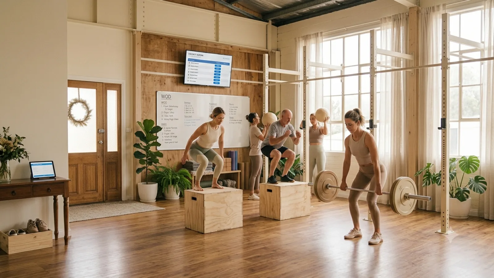 Small CrossFit class training together in a warm industrial box