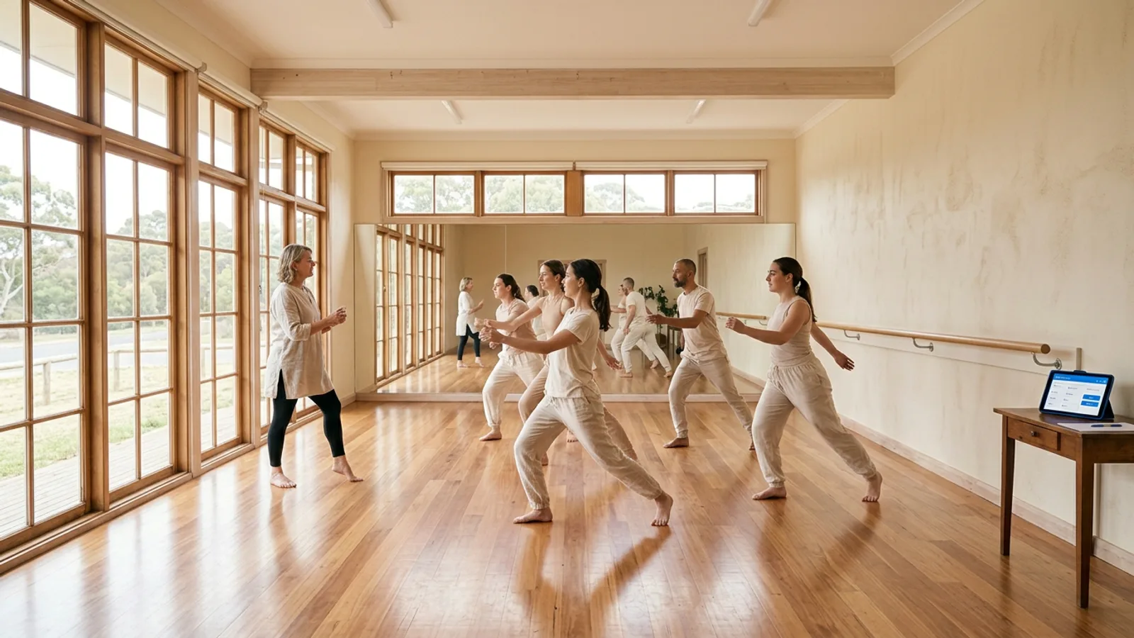 Small dance class following an instructor in a mirrored studio