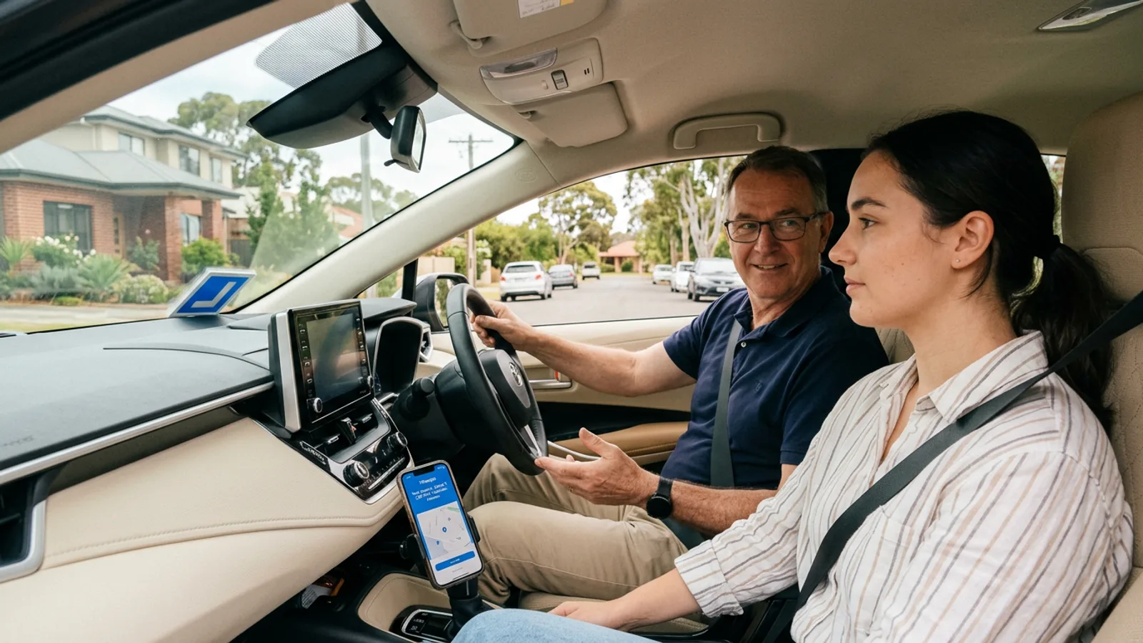 Driving instructor beside a learner driver in a dual-control car
