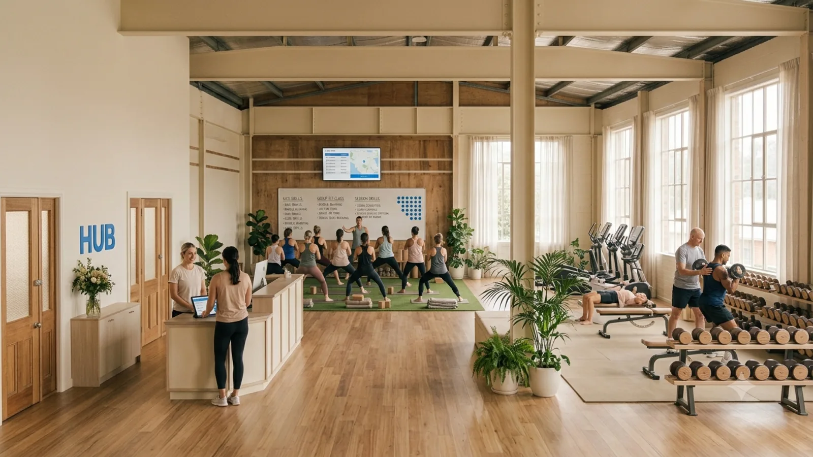 Wide modern gym floor with a class, weights and a check-in kiosk