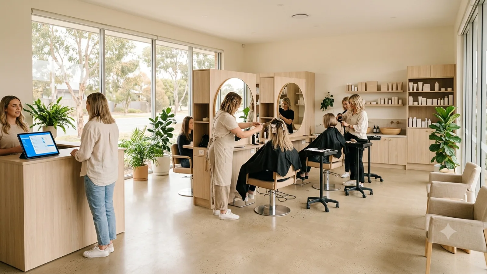 Busy hair and beauty salon floor with several stations in use