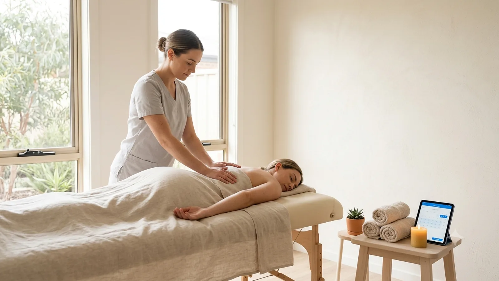 Massage therapist working with a relaxed client in a calm room