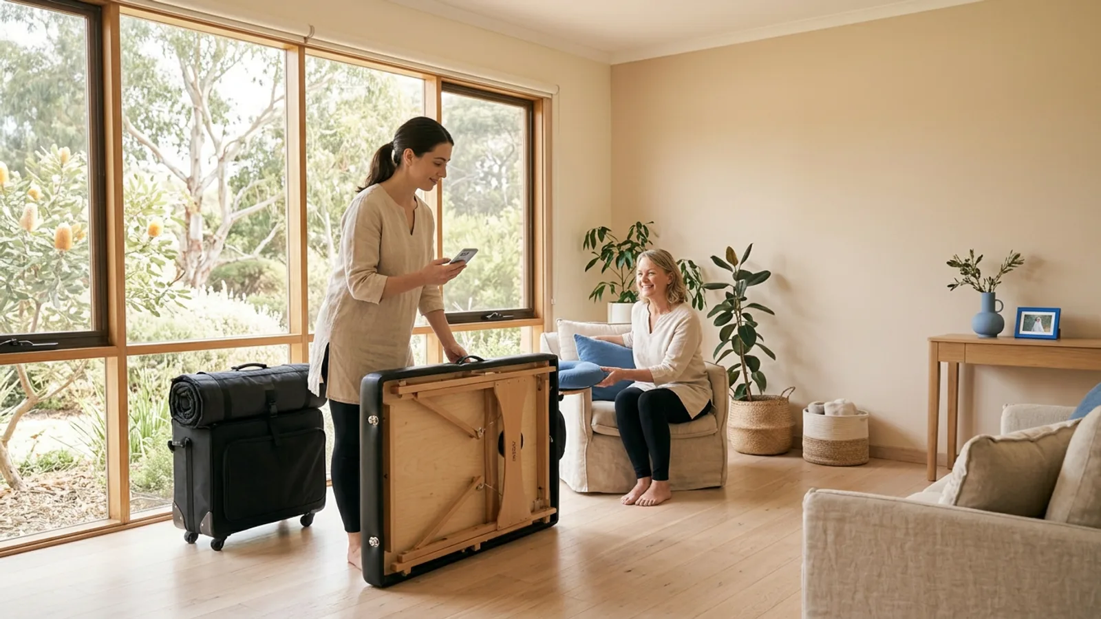 Mobile beauty therapist setting up a treatment in a client's home