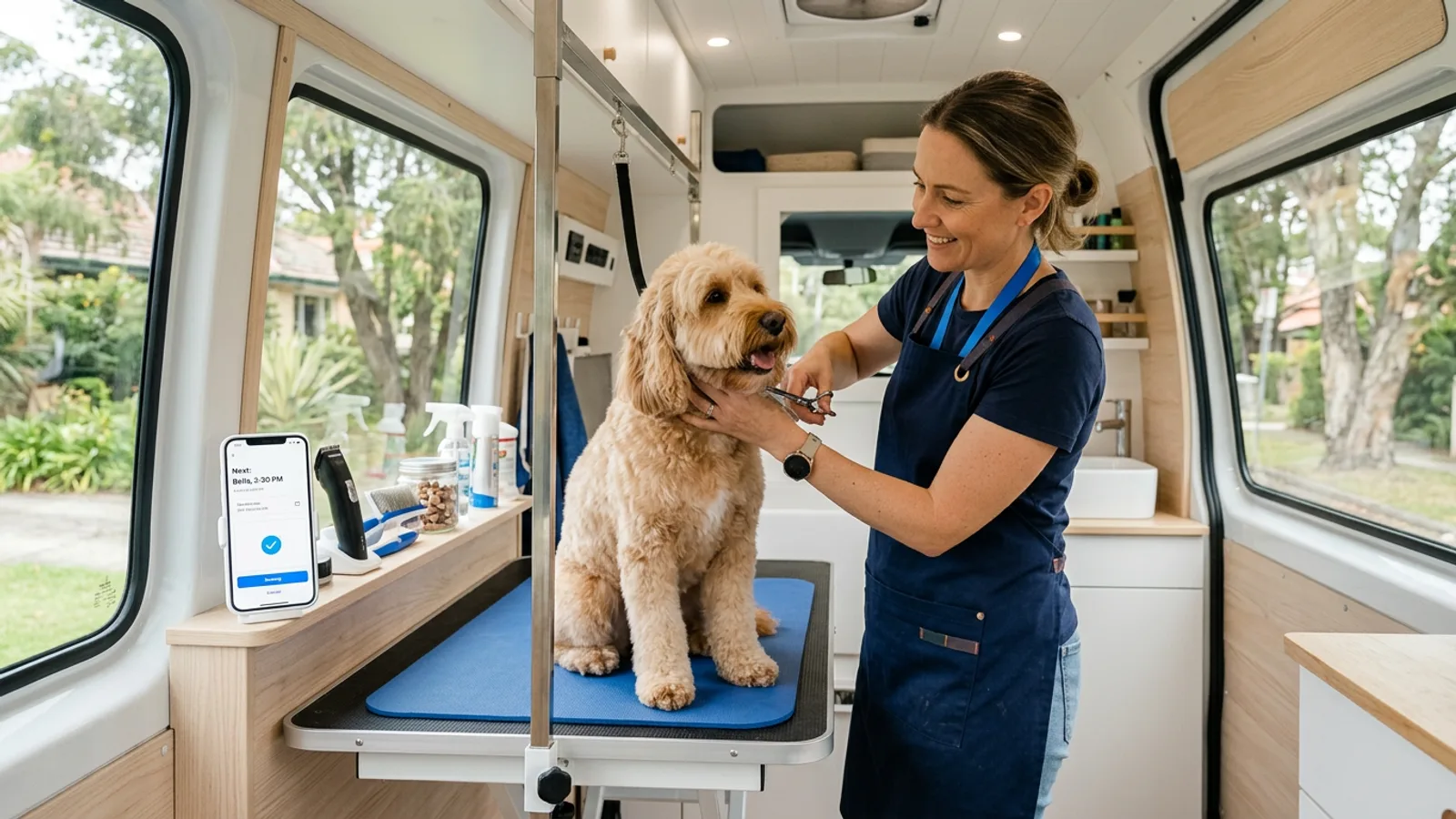 Mobile dog groomer gently grooming a happy dog at a client's home