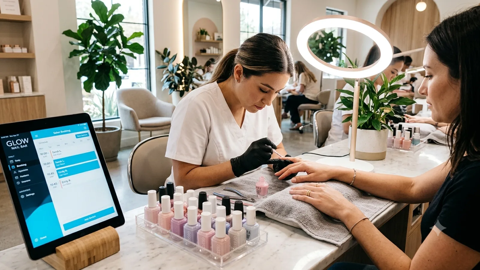 Nail technician doing a manicure at a bright modern salon station