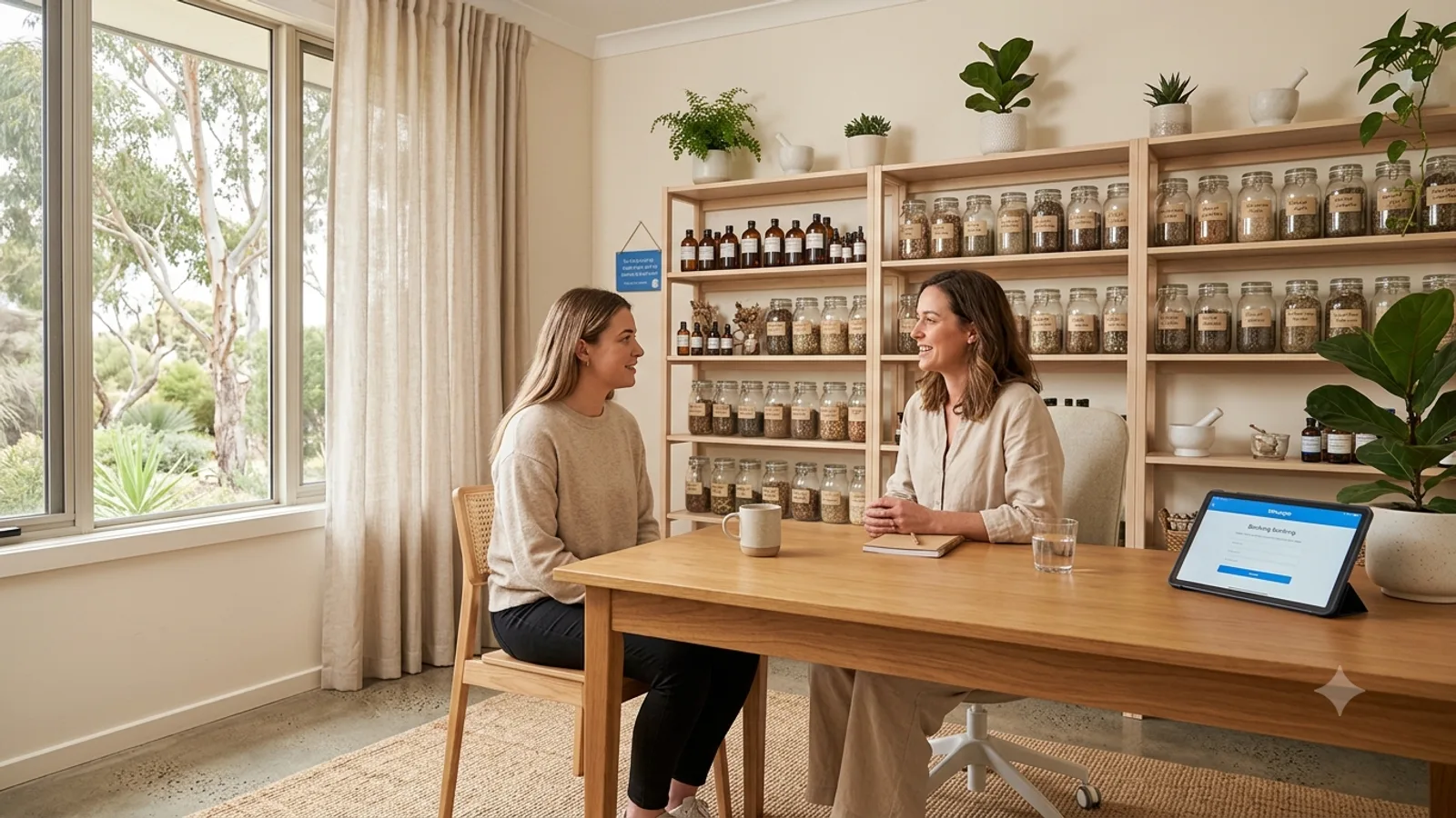 Naturopath consulting with a client in a warm herb-lined room