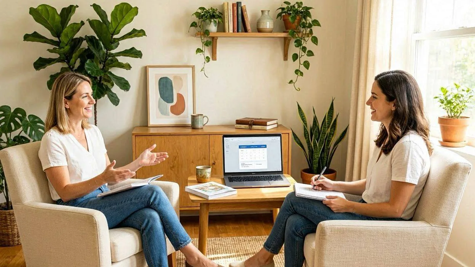 Nutrition coach reviewing a fresh-food meal plan with a client