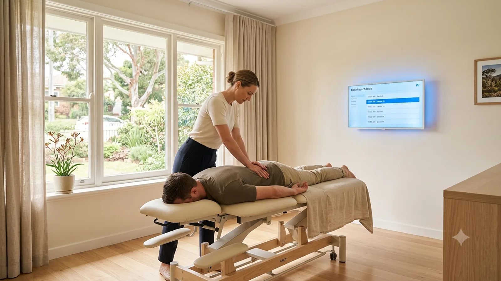 Osteopath treating a client on a bench in a professional room