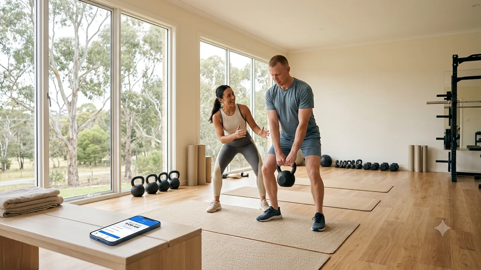 Personal trainer coaching a client through an exercise in a bright studio