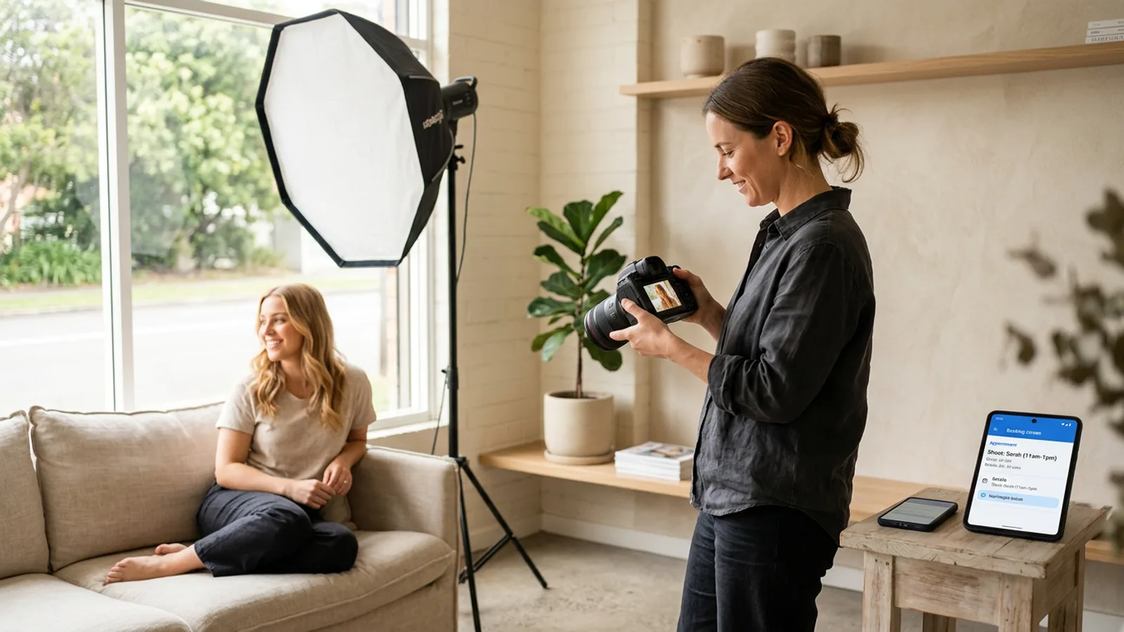Photographer reviewing a shot during a bright portrait session