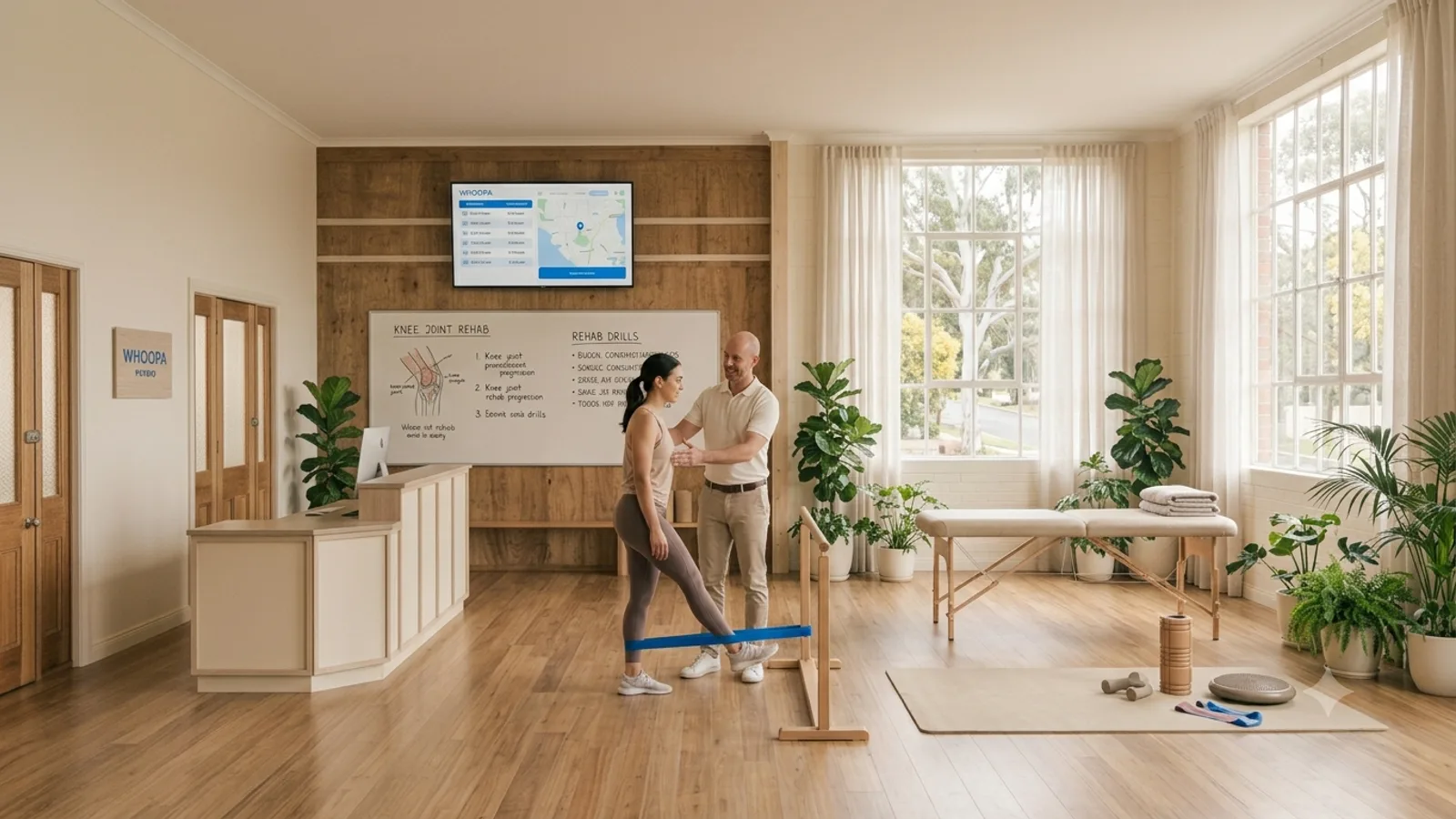 Physiotherapist guiding a client through a rehab exercise