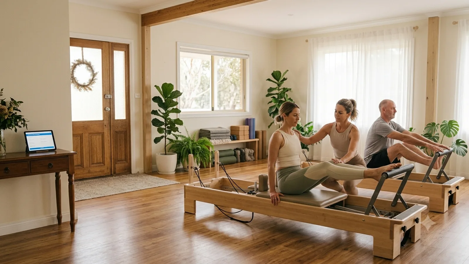 Clients on reformer machines with an instructor in a bright pilates studio