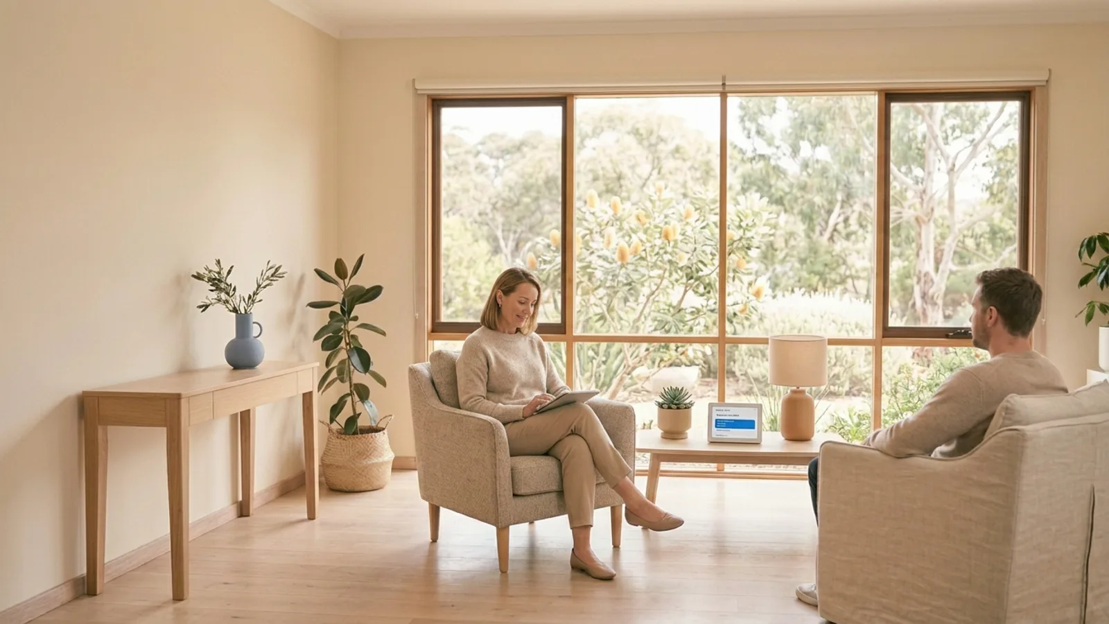 Calm private psychology consulting room with two armchairs