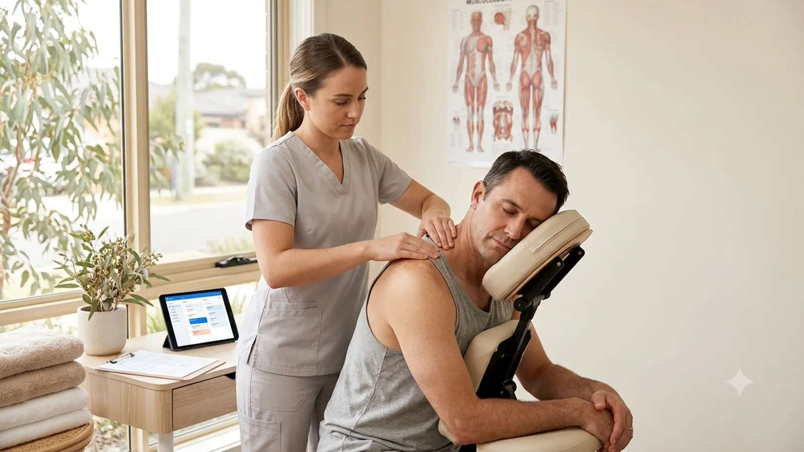 Remedial massage therapist treating a client's shoulder in a clinic room