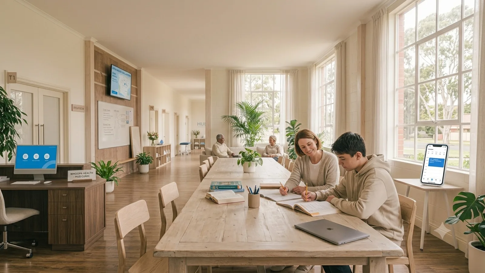 Tutor working through a workbook with a student at a table