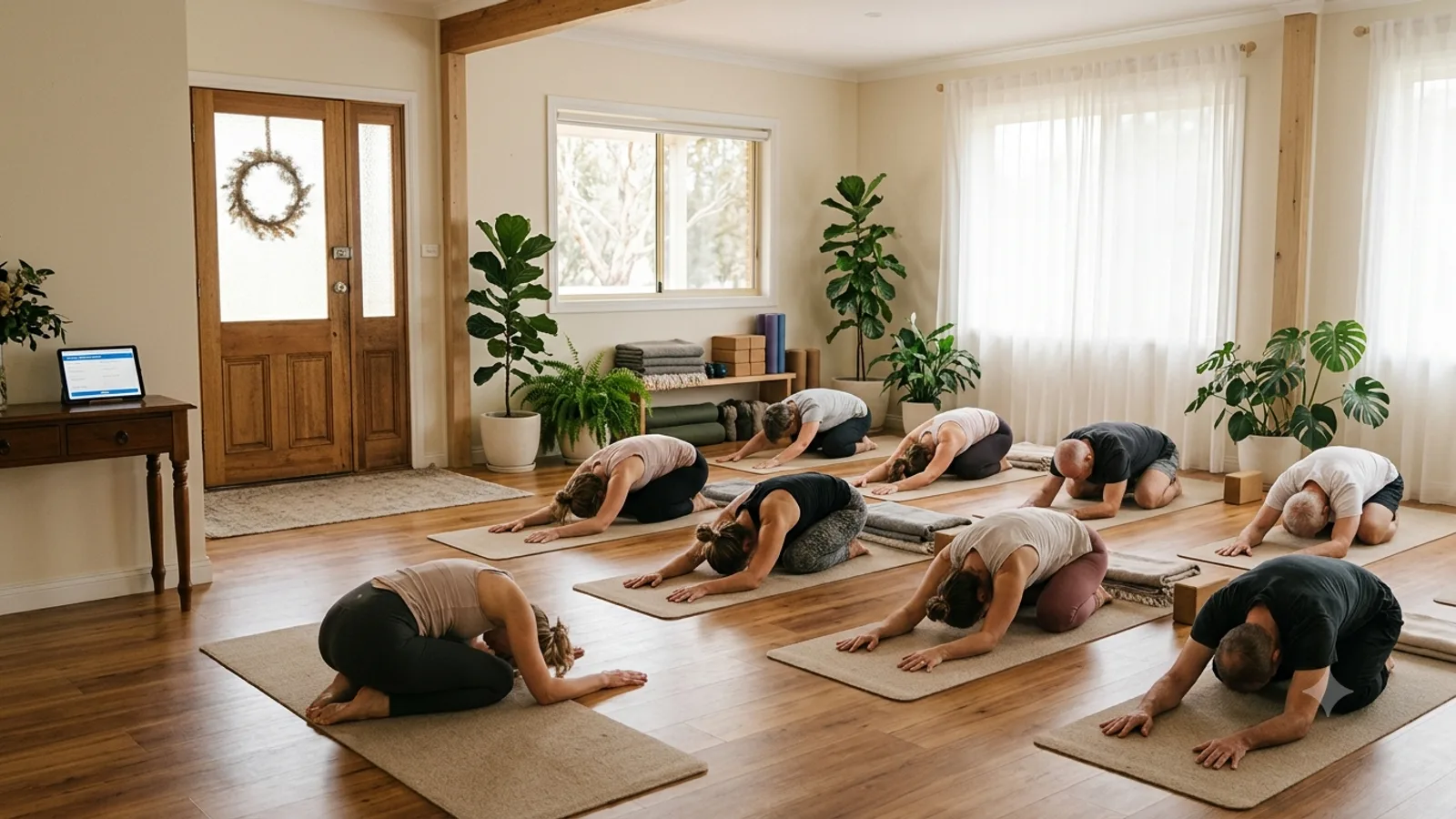 Small yoga class in a gentle pose in a warm daylit studio